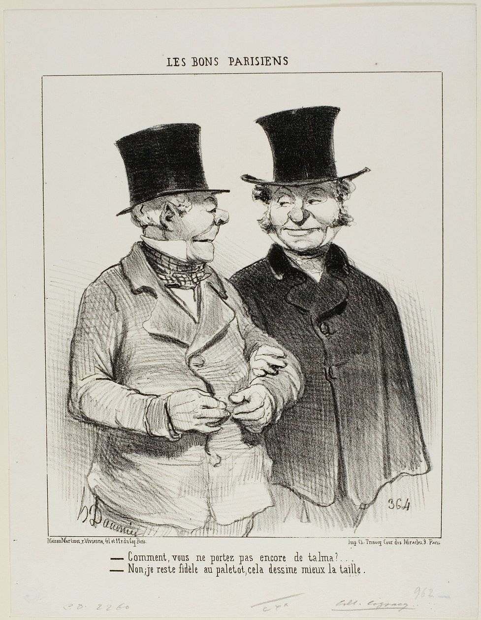 "- Még nem viselsz Talmát - Nem, hű maradok a felsőkabáthoz, az jobban hízeleg a derekamnak." 1. tányér a Les Bons Parisiensből. alkotó: Honoré Victorin Daumier