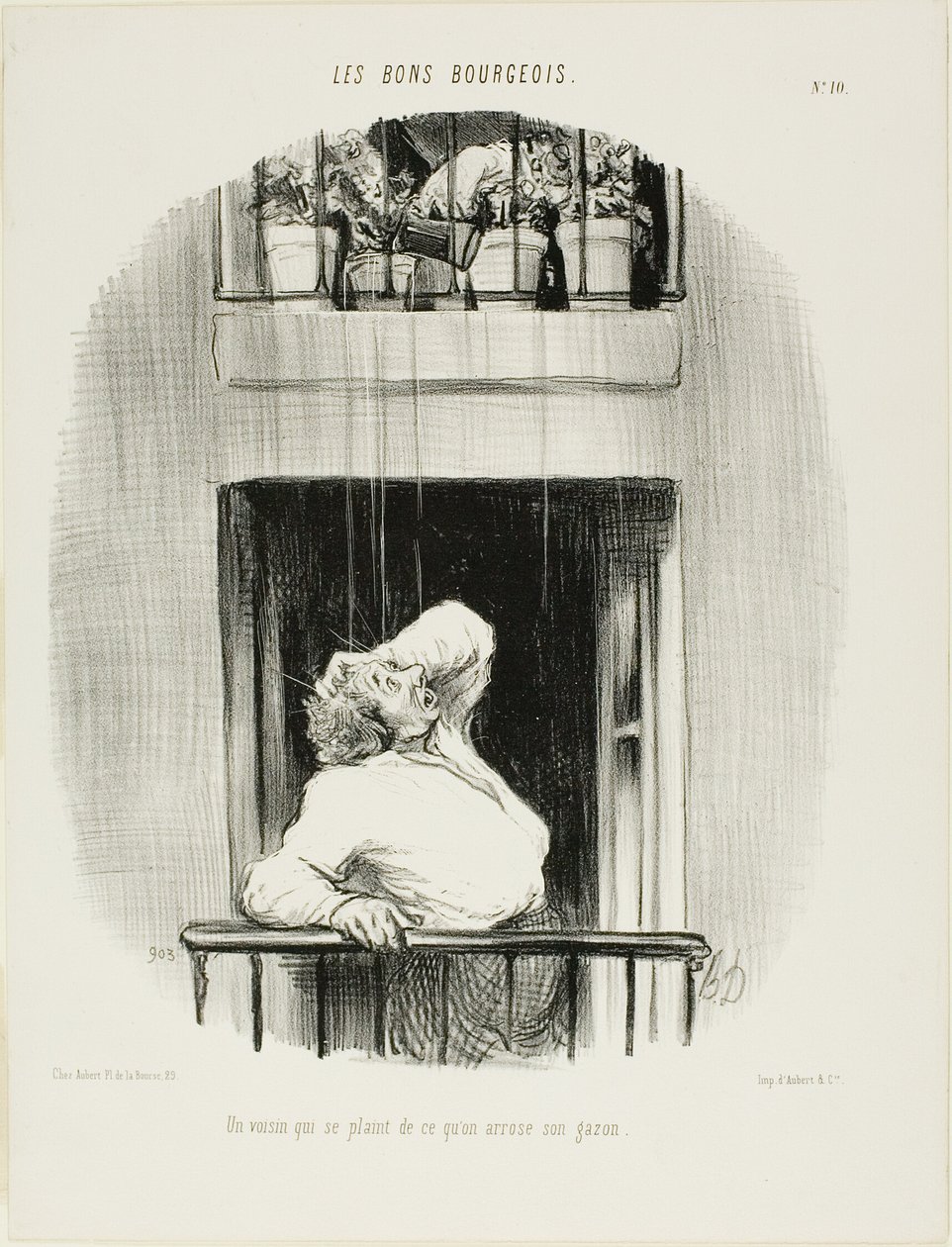 A szomszéd panaszkodik a pázsit öntözése miatt, tizedik tányér a Les Bons Bourgeois-ból alkotó: Honoré Victorin Daumier