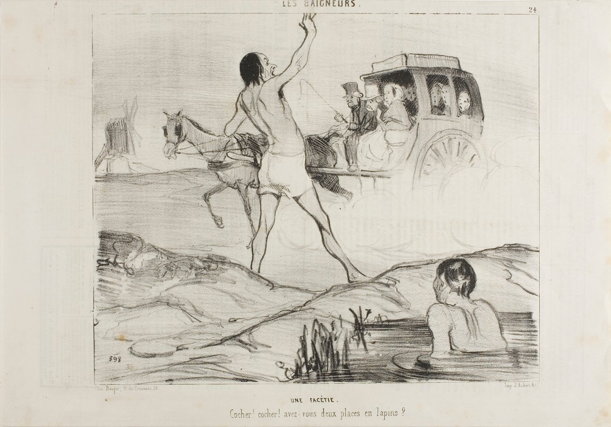 Gyakorlati vicc. "Sofőr! Sofőr! Van még két ülés a nyúl részlegben", 24-es tábla a Les Baigneurs-ből. alkotó: Honoré Victorin Daumier