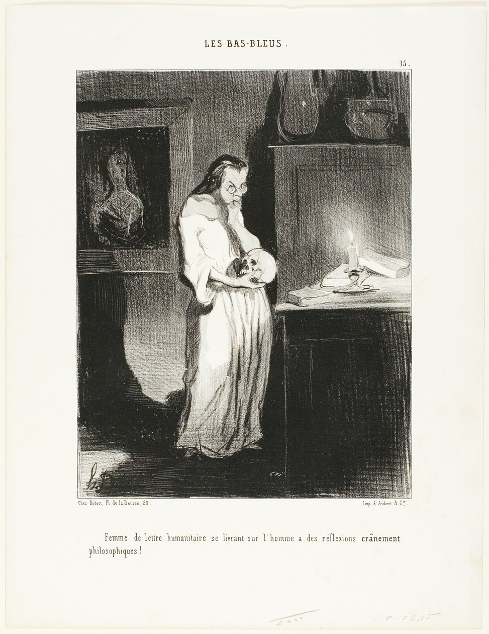 Egy humanista írónő, aki átadja magát az emberről való elmélyült filozófiai elmélkedésnek!, 15. tábla a Les Bas-Bleusból. alkotó: Honoré Victorin Daumier