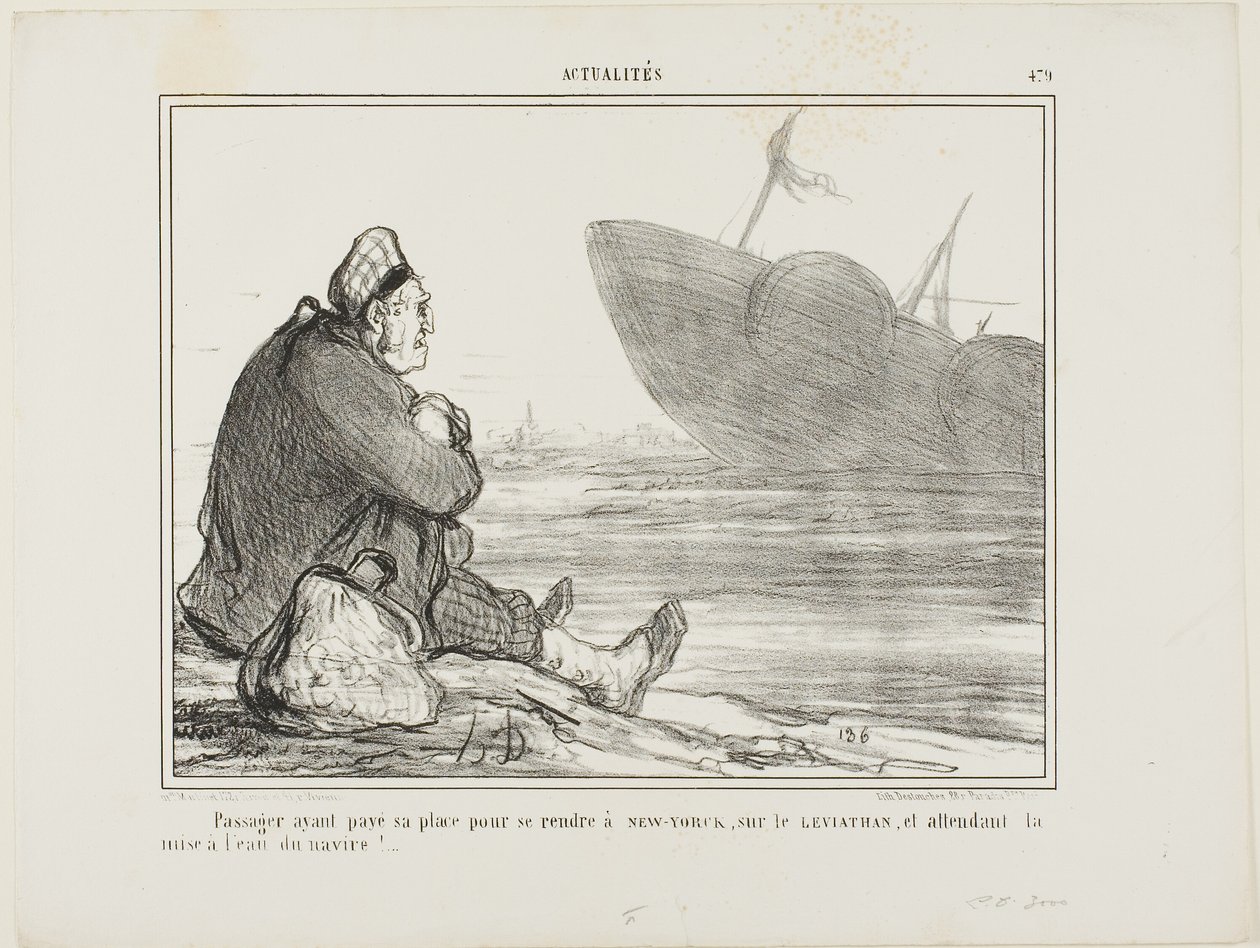 Egy utas, aki kifizette a jegyét NEW YORK-ba a LEVIATHAN-ra, és várja, hogy a hajó végre vízre szálljon, 479. tábla az Actualités-ból. alkotó: Honoré Victorin Daumier