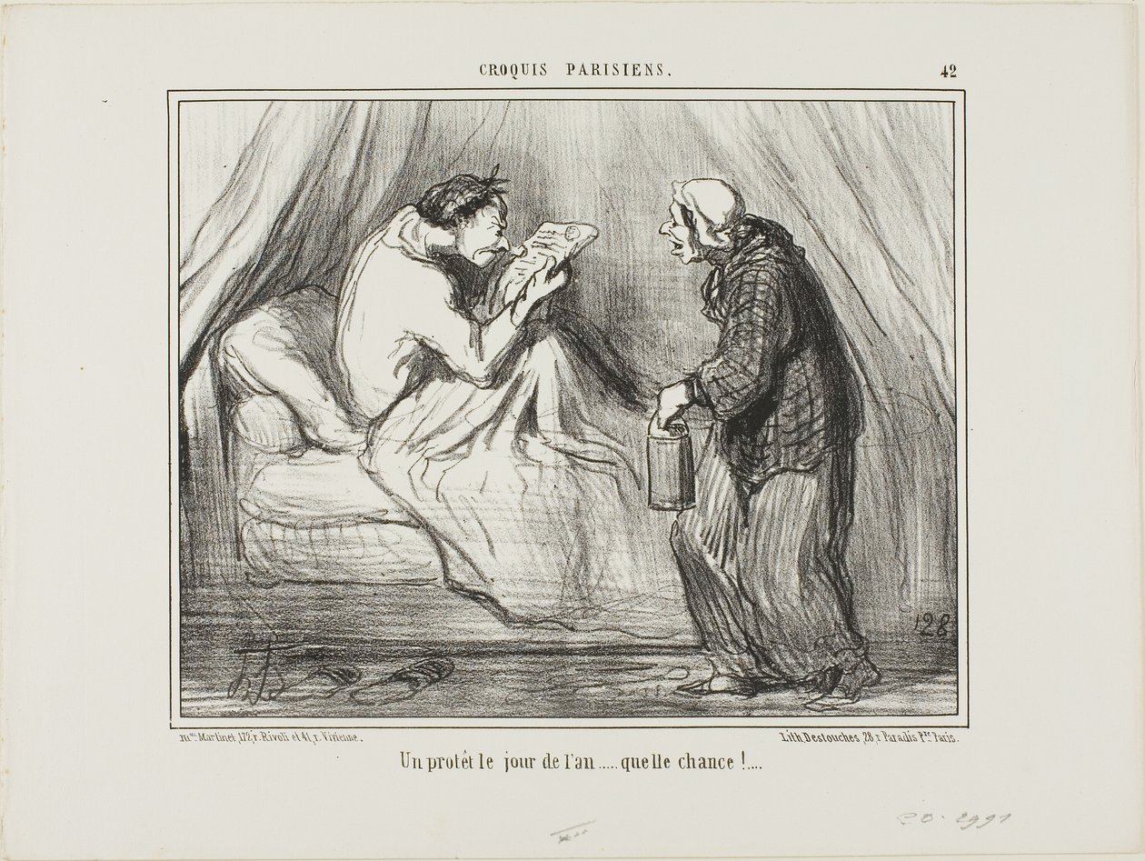 "Tüntetés szilveszter napján! Micsoda szerencse! ...........," 42. tábla a Croquis Parisiens-ból. alkotó: Honoré Victorin Daumier