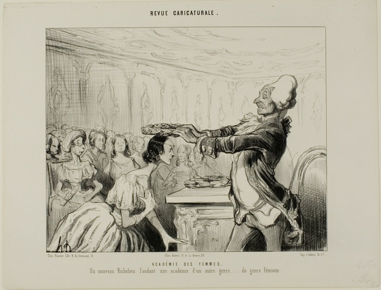 Nők Akadémiája. Egy új Richelieu, aki egy új, másfajta Akadémiát alapít.... a női nemből, 33. tábla a Revue Caricatureale-ból. alkotó: Honoré Victorin Daumier