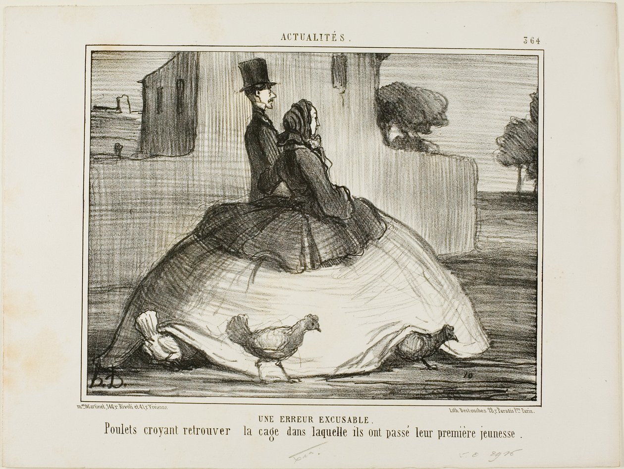 Bocsánatos hiba. Csirkék, akik azt hiszik, hogy megtalálták a ketrecet, ahol gyermekkorukat töltötték, 21. kép a La Crinolomanie-ból. alkotó: Honoré Victorin Daumier
