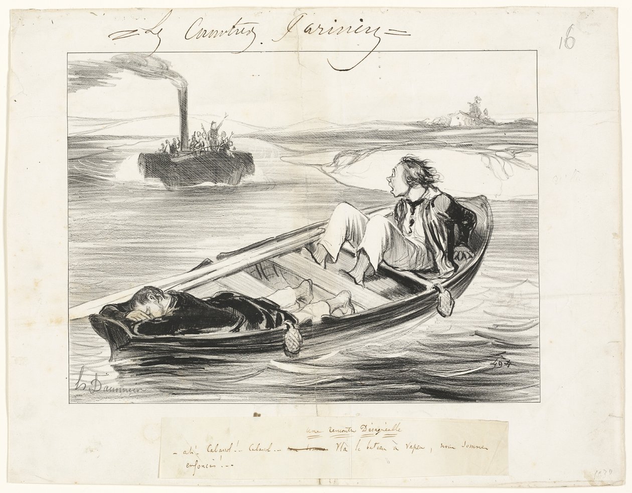 Egy kellemetlen találkozás, tizenhatos tányér a Les Canotiers Parisiensből alkotó: Honoré Victorin Daumier