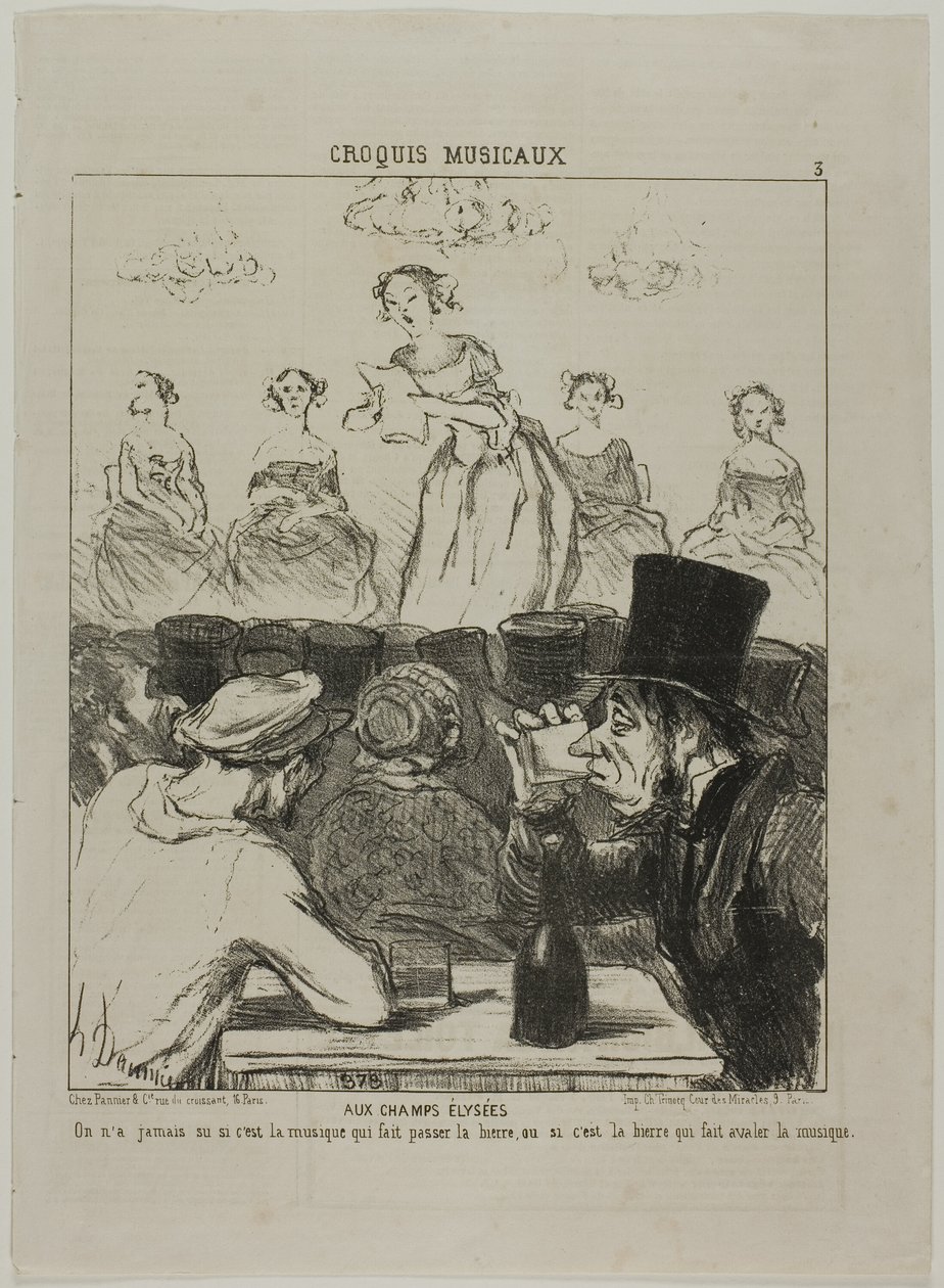 A Champs-Elysées-n. Soha nem volt teljesen világos, hogy a zenétől megy le a sör, vagy a sörtől, ami lenyeli a zenét, 3. lemez a Croquis Musicaux-ból. alkotó: Honoré Victorin Daumier