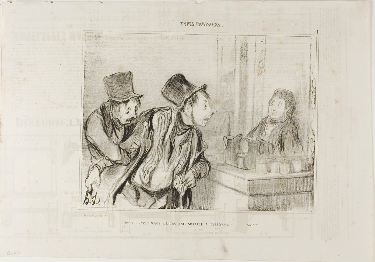 "Minden ki van fizetve És mi nem sértettünk meg senkit... Viszlát", 31. lemez a Types Parisiensből. alkotó: Honoré Victorin Daumier