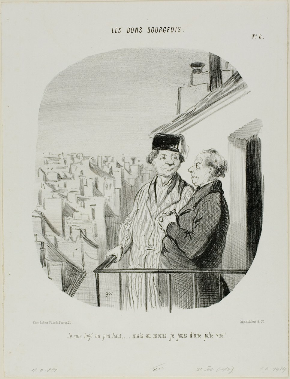 "Kicsit magasan élek... de legalább gyönyörű kilátásban gyönyörködöm", 8. tányér a Les Bons Bourgeois-ból. alkotó: Honoré Victorin Daumier