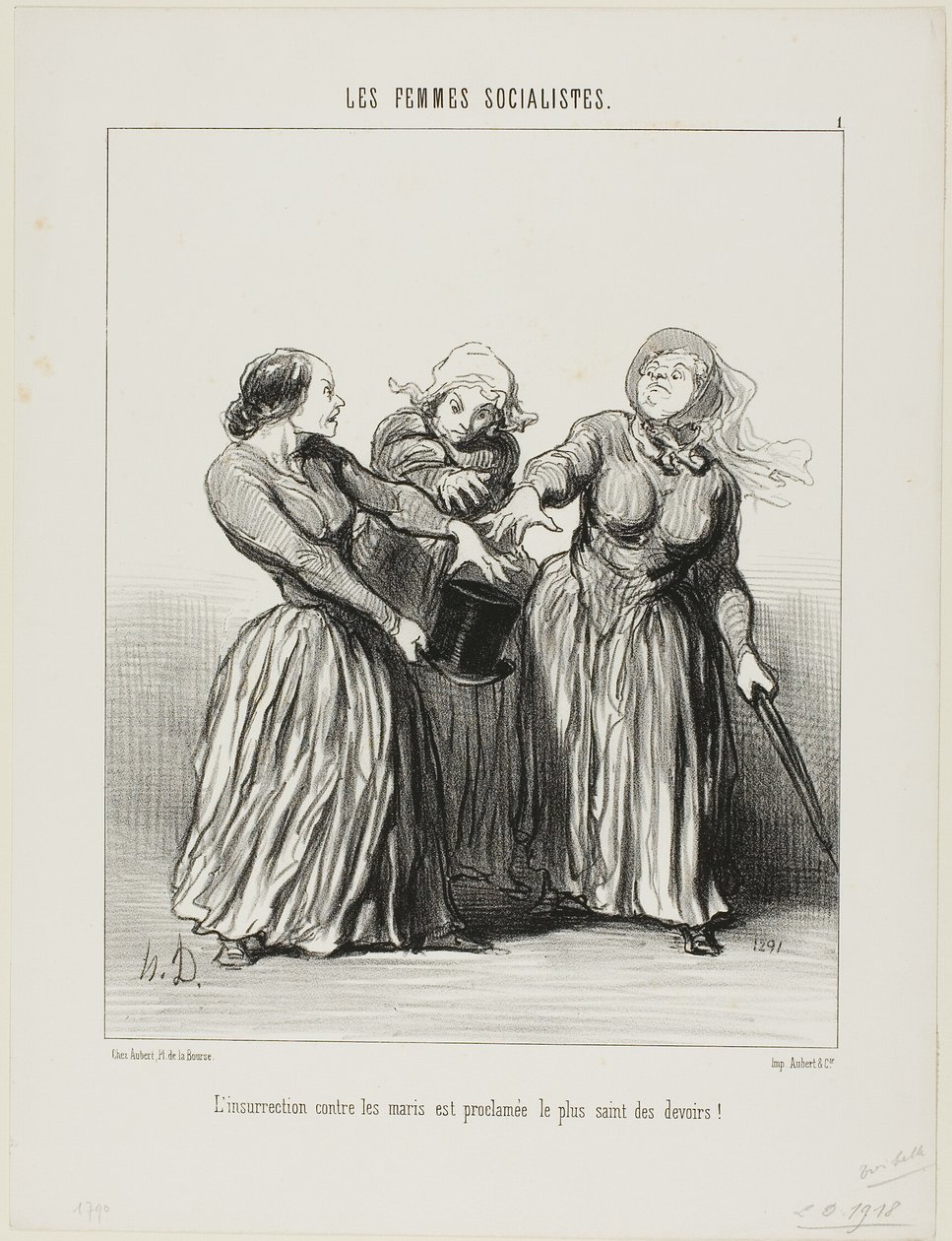 A férjek elleni lázadást az élet első és legszentebb kötelességének hirdetik!, 1. tábla a Les Femmes Socialistes-ból. alkotó: Honoré Victorin Daumier