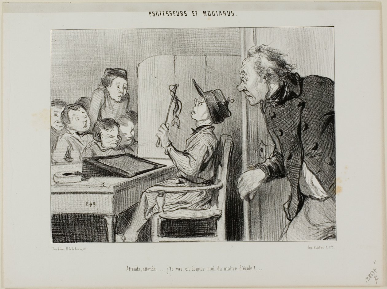 "Csak várjatok, megmutatom, ki itt a tanár...", 11. lemez a Professeurs Et Moutards-ból. alkotó: Honoré Victorin Daumier