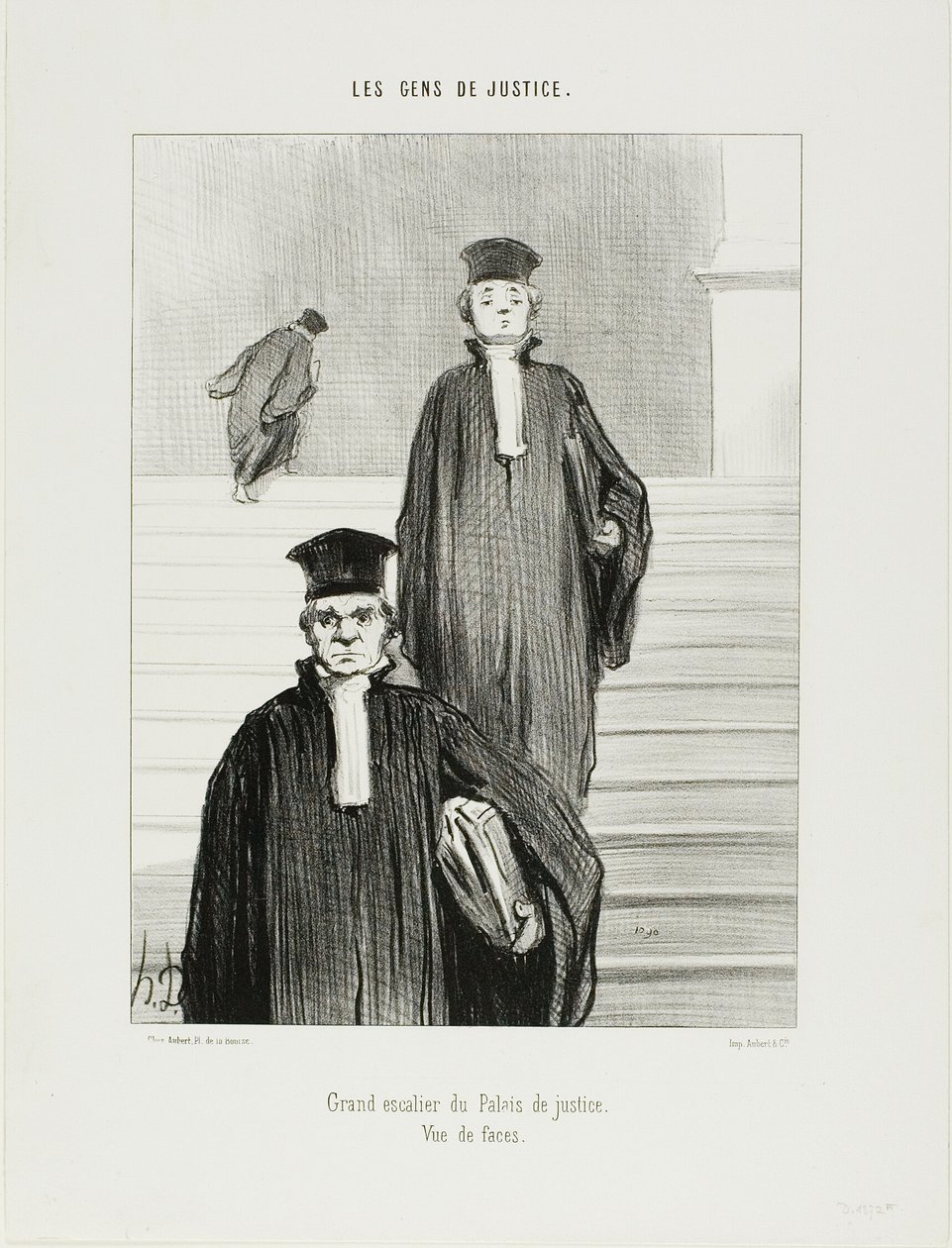 Az Igazságügyi Palota főlépcsőháza. Előlnézet, 36. tábla a Les Gens De Justice című kötetből. alkotó: Honoré Victorin Daumier