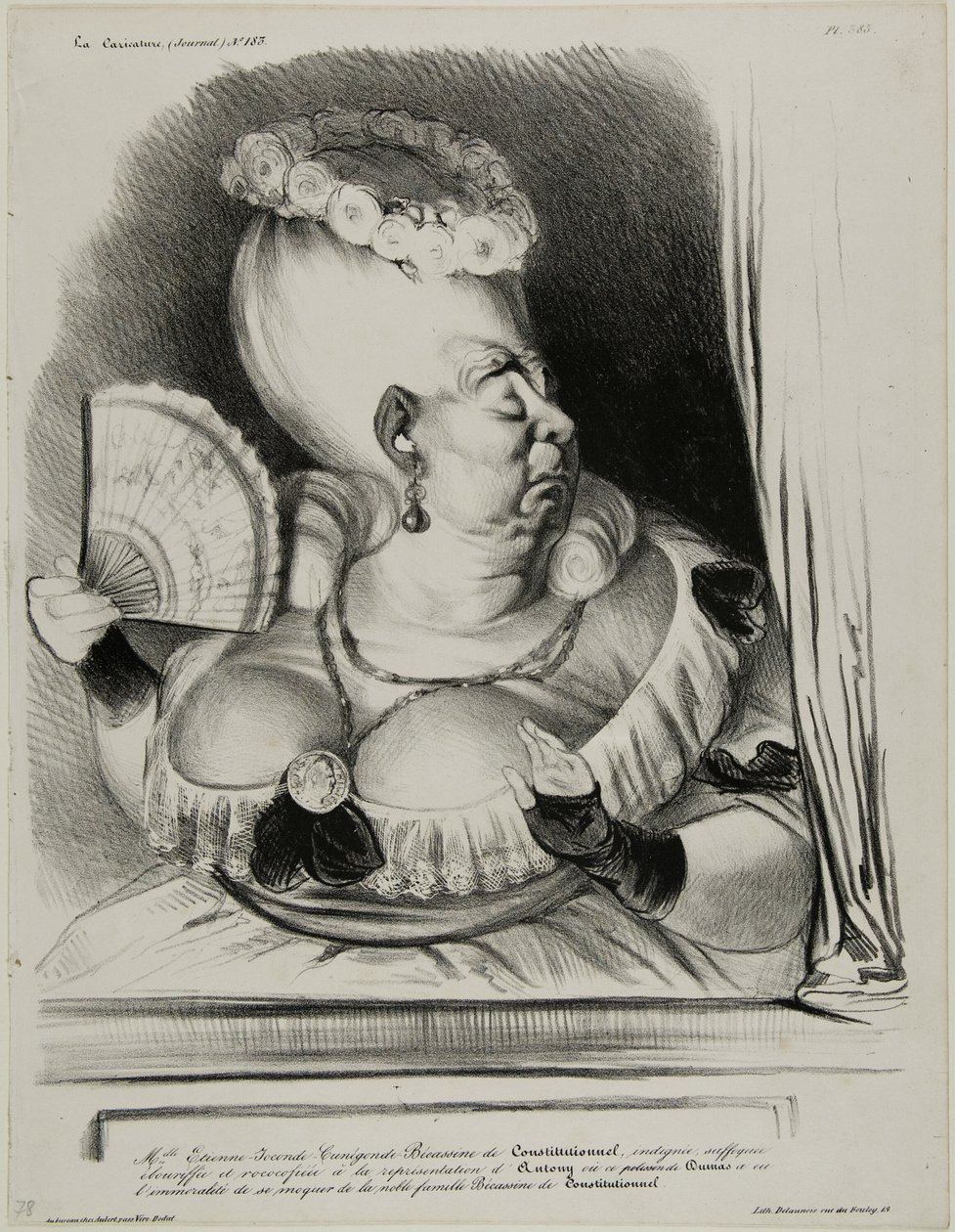 Miss Etienne-Mona-Lisa-Cunégonde-Silly Goose of the Constitutionnel, felháborodva, fuldokolva és túlságosan dühös Antonius előadásán, amelyben a pajkos Dumas-nak az volt a szemtelensége, hogy a nemes családot, Silly Goose of the Constitutionnel..., pl. alkotó: Honoré Victorin Daumier