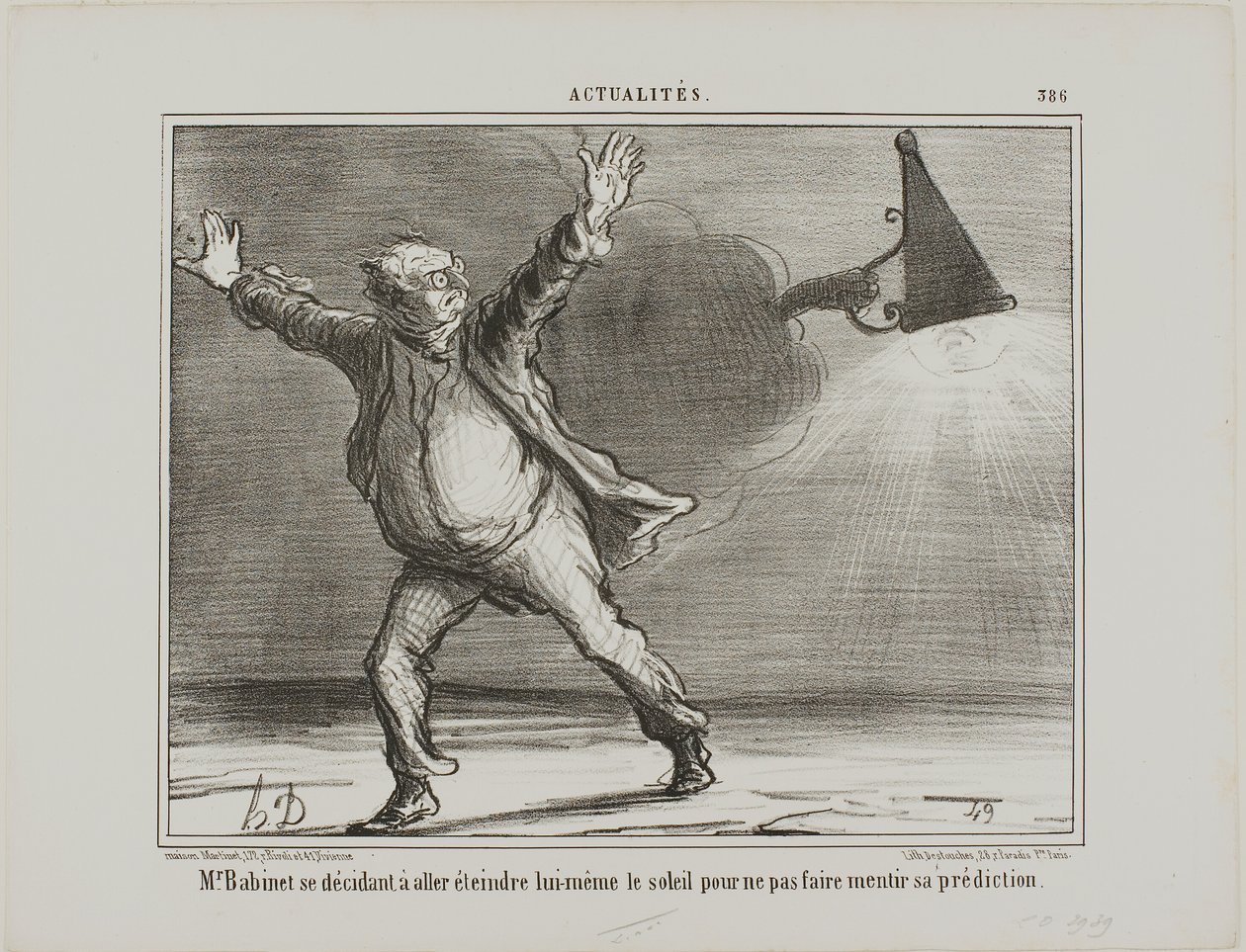 Monsieur Babinet úgy dönt, hogy személyesen kapcsolja le a Napot, hogy jóslatai beteljesüljenek, 386. lap az Actualitésből alkotó: Honoré Victorin Daumier