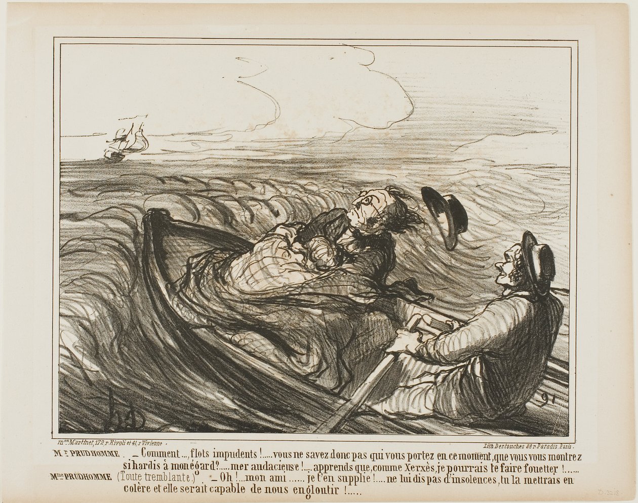 Prudhomme úr: "- Ellenszenves hullámok.... nem tudod, kit hordasz magaddal ebben a pillanatban... óh szemtelen... tudd meg, hogy én, mint Xerxész, rettenetesen meg foglak ostorozni.". Mme Prudhomme: (reszketve a félelemtől) "- Kérlek, kedves barátom, ne bá alkotó: Honoré Victorin Daumier