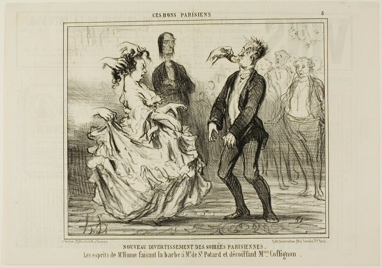 Új szórakozás a párizsi estélyeken. Hume úr szelleme, amint Monsieur de St. Potard szakállát borotválja, és Madame Coffignon haját kibontja, 8. kép a Ces Bons Parisiensből. alkotó: Honoré Victorin Daumier