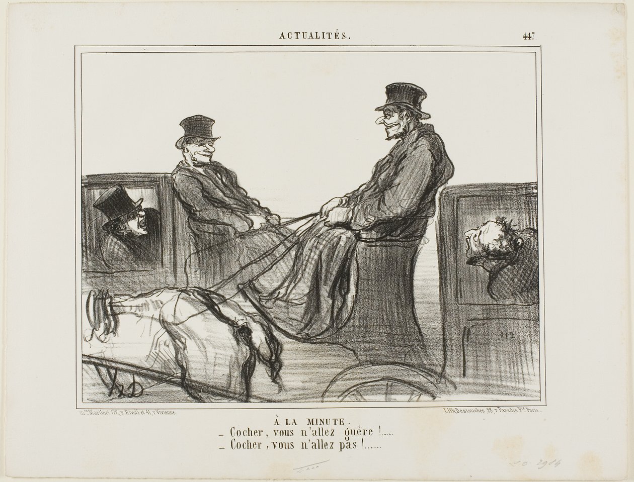 Percenként fizetett. "- Sofőr, alig mozog! - Sofőr, egyáltalán nem mozogsz!", 447-es tábla az Actualitésből. alkotó: Honoré Victorin Daumier
