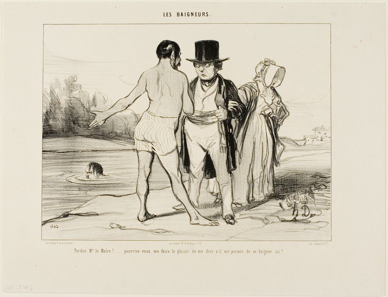 "Elnézést, polgármester úr.... lenne olyan kedves megmondani, hogy szabad-e itt úszni", 25. tábla a Les Baigneursből alkotó: Honoré Victorin Daumier