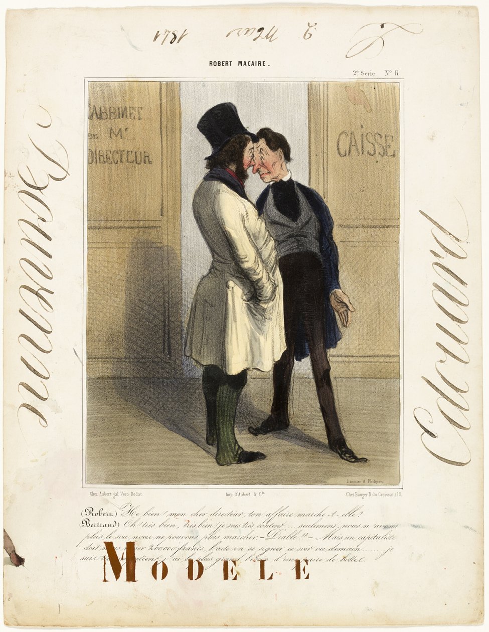 Robert: "- Nocsak, nocsak! Kedves igazgató úr... hogy megy az üzlet" Bertrand: "- Jól, nagyon jól, nagyon elégedett vagyok. Sajnos egy fillérünk sincs a folytatásra! - Ó, a fene egye meg! - De egy befektető még mindig tartozik nekünk 200.000 frankkal... és alkotó: Honoré Victorin Daumier