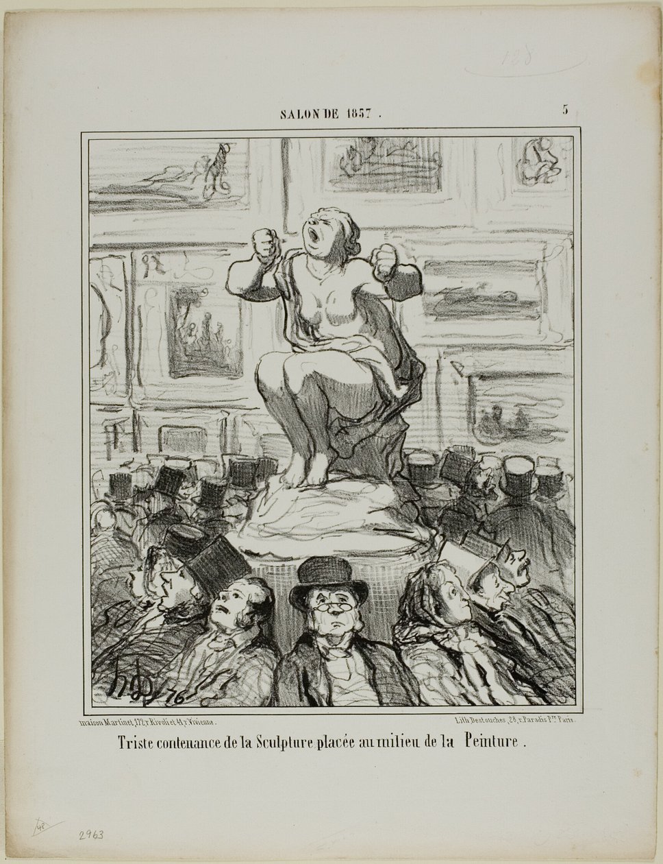 Egy festménykiállítás közepén elhelyezett szobor nemtetszése, 5. tábla a Salon De 1857-ből alkotó: Honoré Victorin Daumier