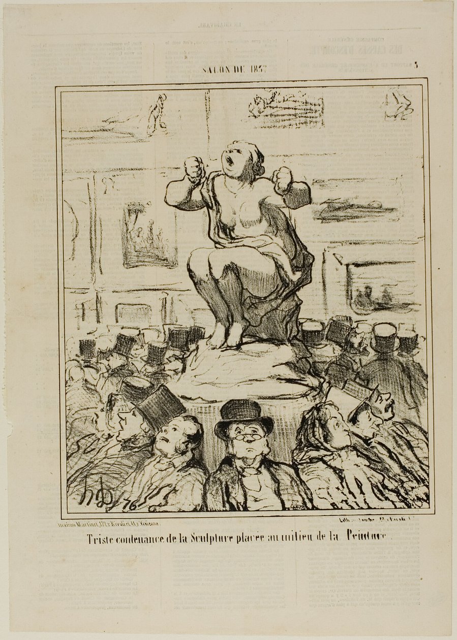Egy festménykiállítás közepén elhelyezett szobor nemtetszése, 5. tábla a Salon De 1857-ből alkotó: Honoré Victorin Daumier