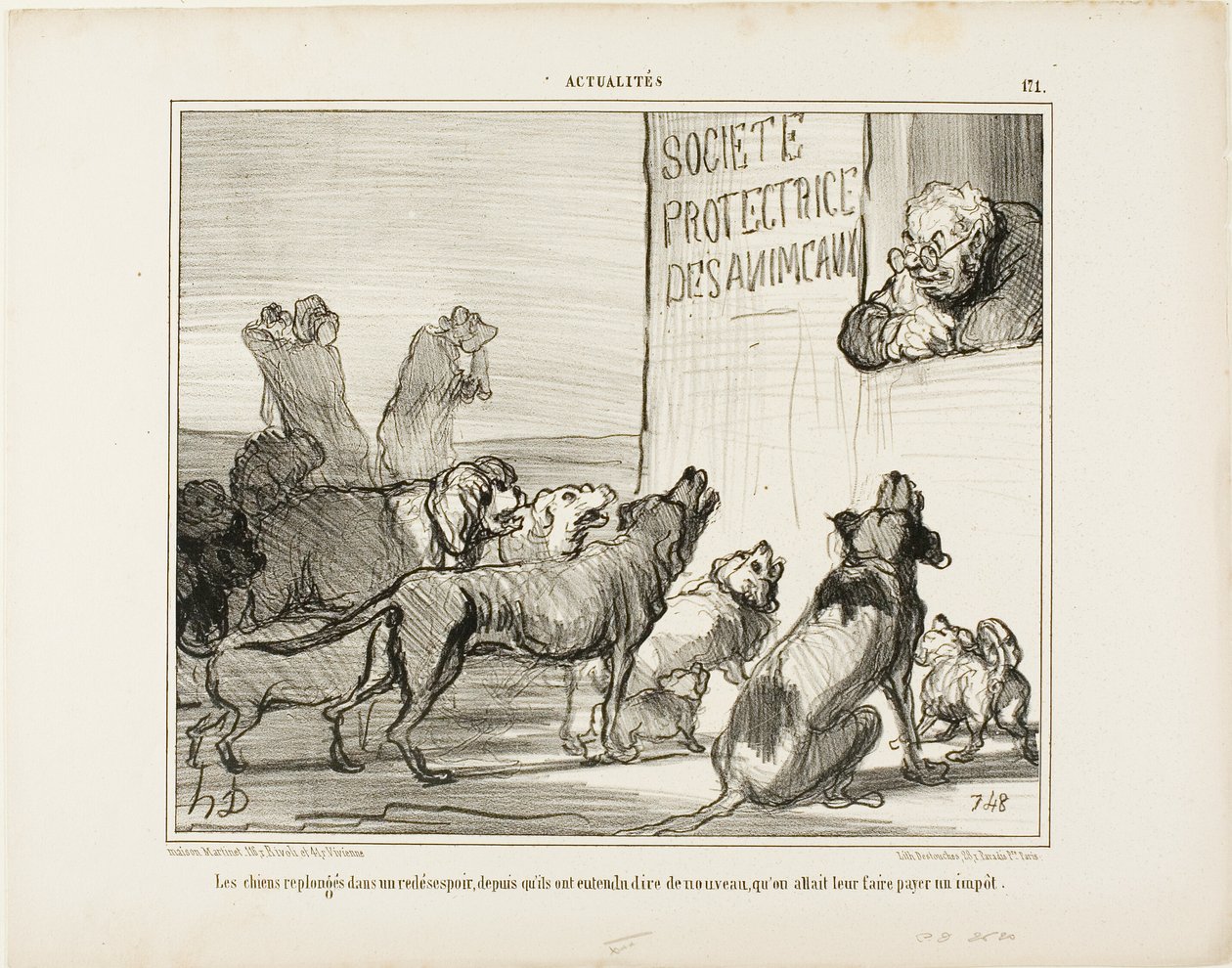 A kutyák ismét kétségbeesnek, miután megtudták, hogy mégis lesz új kutyajogosítványadó, 171-es tányér az Actualitésből alkotó: Honoré Victorin Daumier