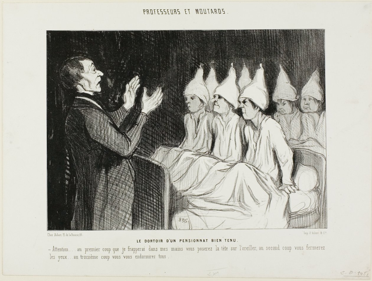 Egy előkelő internátus kollégiuma, 14. tábla a Professeurs et Moutards (Professzorok és gazemberek) című könyvből. alkotó: Honoré Victorin Daumier