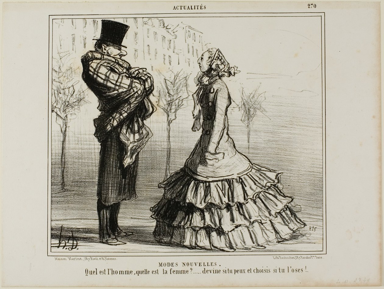 Az új divat. Melyik a férfi, melyik a nő... tippeljen, ha tud, és válasszon, ha mer, 270-es tányér az Actualitésből. alkotó: Honoré Victorin Daumier