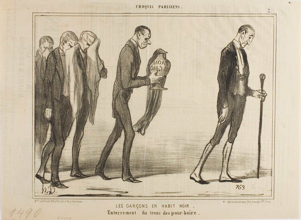 A fekete öltönyös pincér. A borravalódoboz temetése, 2. tányér a Croquis Parisiens-ból alkotó: Honoré Victorin Daumier