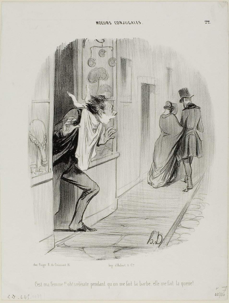 "Ott megy a feleségem!! Ó, a nyomorult, amíg én borotválkozom, ő felszarvazott!", 22. lemez a Moeurs Conjugalesből. alkotó: Honoré Victorin Daumier