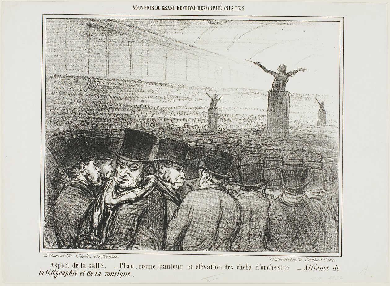 Kilátás a nagyteremre. Térkép, magasság és nézet a karmester elölről. A távíró és a zene nagy szövetsége, 1. tábla a Souvenir Du Grand Festival Des Orphéonistes-ból. alkotó: Honoré Victorin Daumier