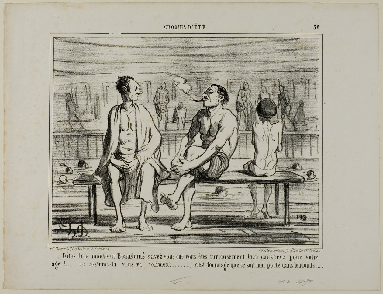 "Tudja, Monsieur Beaufumé, a korához képest ön nagyon jól tartotta magát. Ez a jelmez tökéletesen áll önnek.... csak kár, hogy nem áll jól mindenkinek." 36. tábla a Croquis D