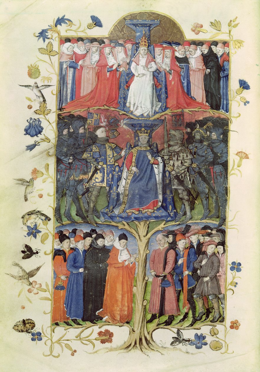 Ms 2695 f.6v A csaták fája: VII. Károly király (1403-61) a Dauphin között, a leendő XI. Lajos (1423-83) jobbról és balról, Arthur, Richmond grófja, francia rendőr (1425-) 58) és D alkotó: Honore Bonnet