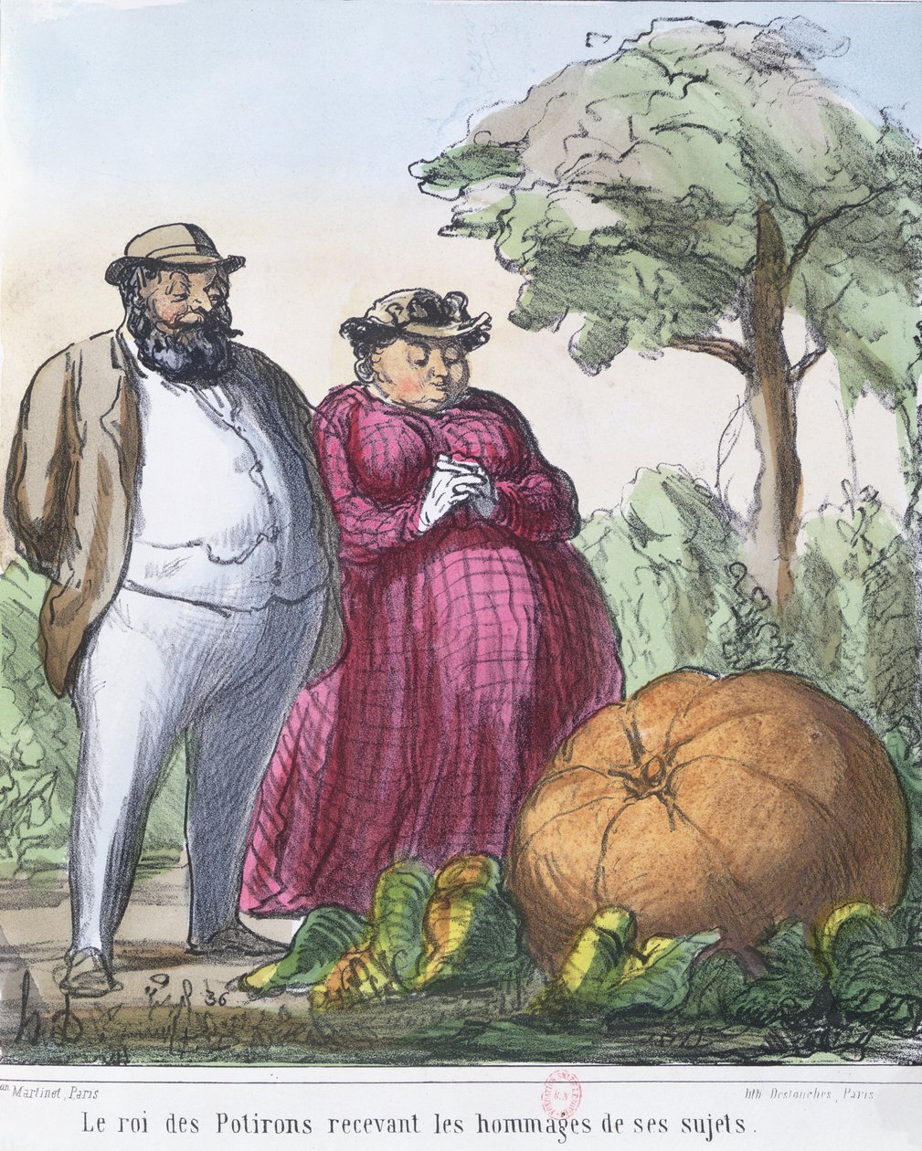 "A sütőtök királya alattvalói tiszteletét fogadja" (színes metszet) alkotó: Honoré Daumier