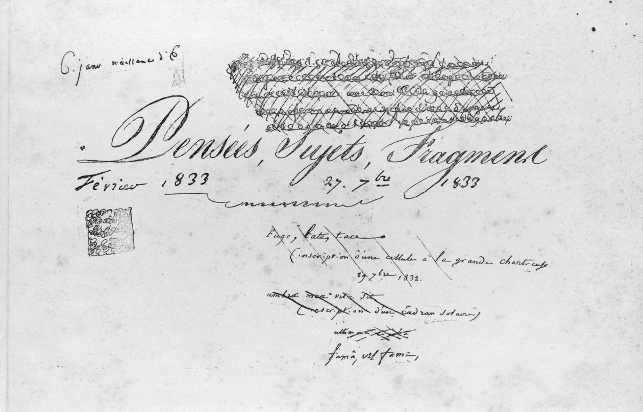 A „Pensees, Sujets, Fragments” album oldala, 1833 alkotó: Honore de Balzac