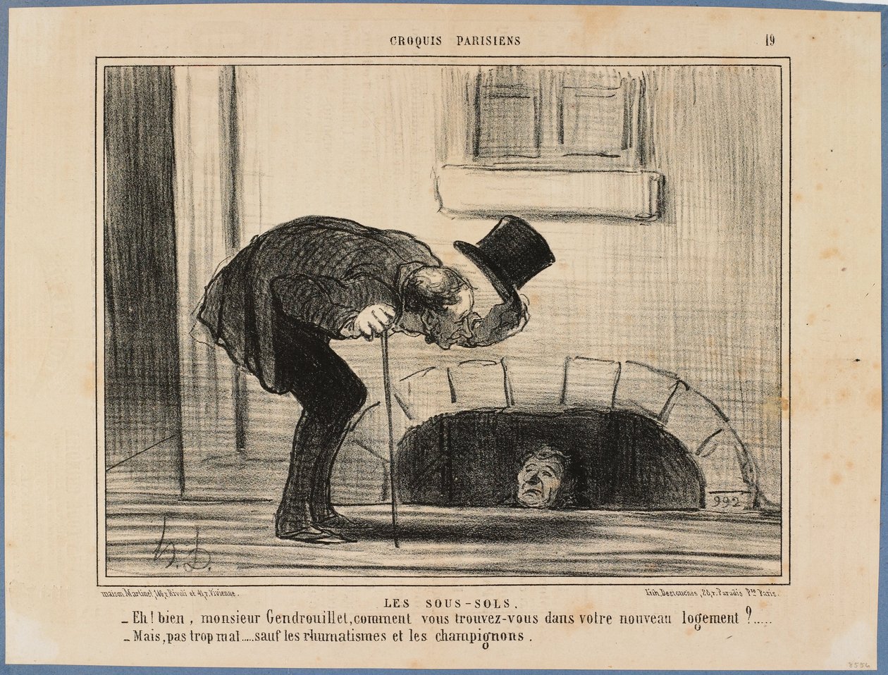 „Nos, Gendrouillet úr, hogyan érzi magát új szállásán?” - „Nem túl rosszul, eltekintve a reumától és a gombáktól” alkotó: Honoré Daumier