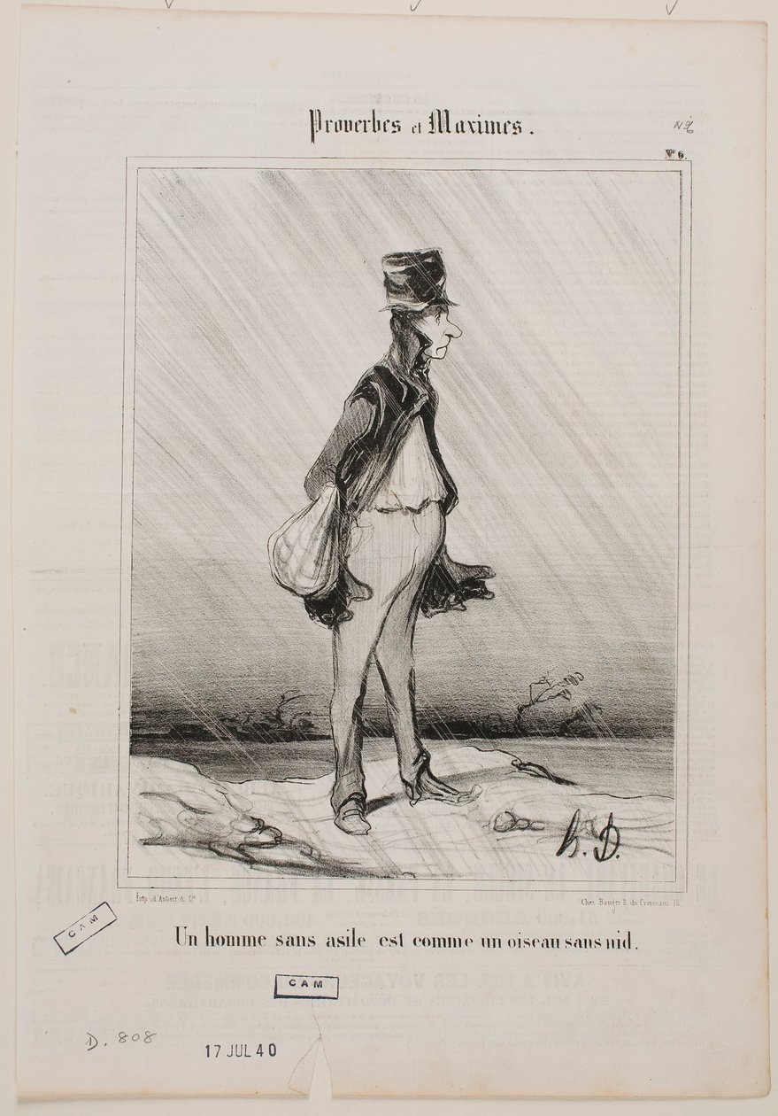 A menedék nélküli ember olyan, mint a fészek nélküli madár. alkotó: Honoré Daumier