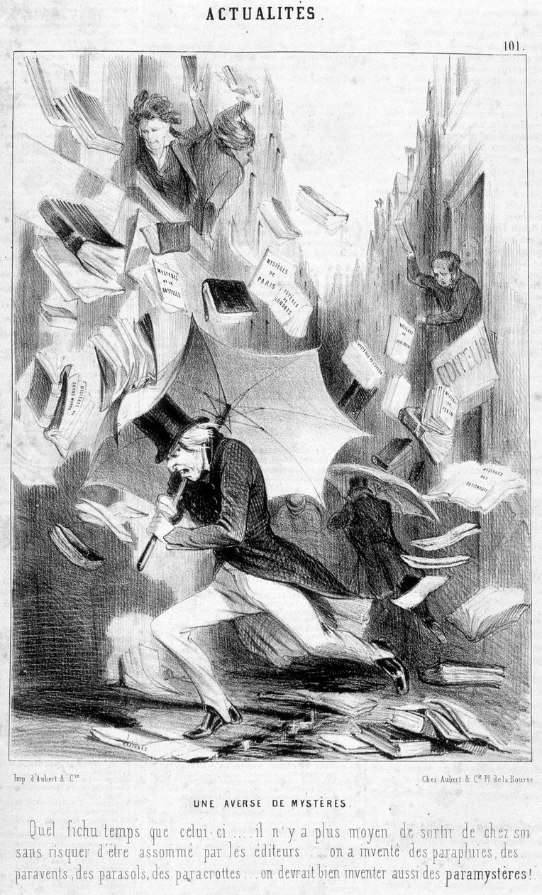 Rejtélyek leszámolása: rajzfilm „Párizs rejtelmei” címmel, Eugène Sue szappanoperájában jelent meg – a „Le Charivari”-ban, 1844.02.16. alkotó: Honoré Daumier
