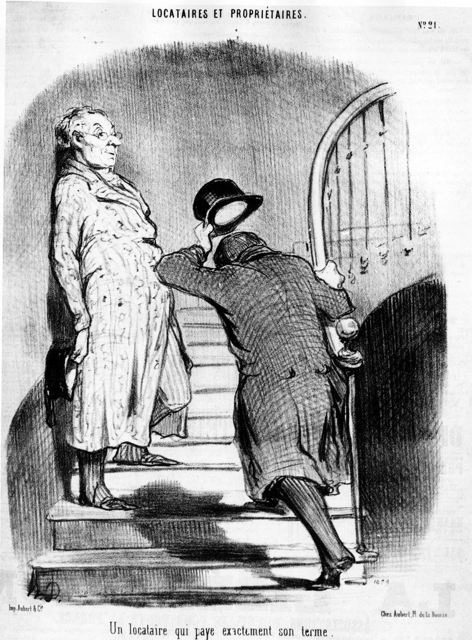 Egy bérlő, aki pontosan fizeti a futamidejét, Honore Daumier (1808-1879) rajzfilmsorozatából, a „Bérlők és tulajdonosok”-ból. "Macskazene" alkotó: Honoré Daumier