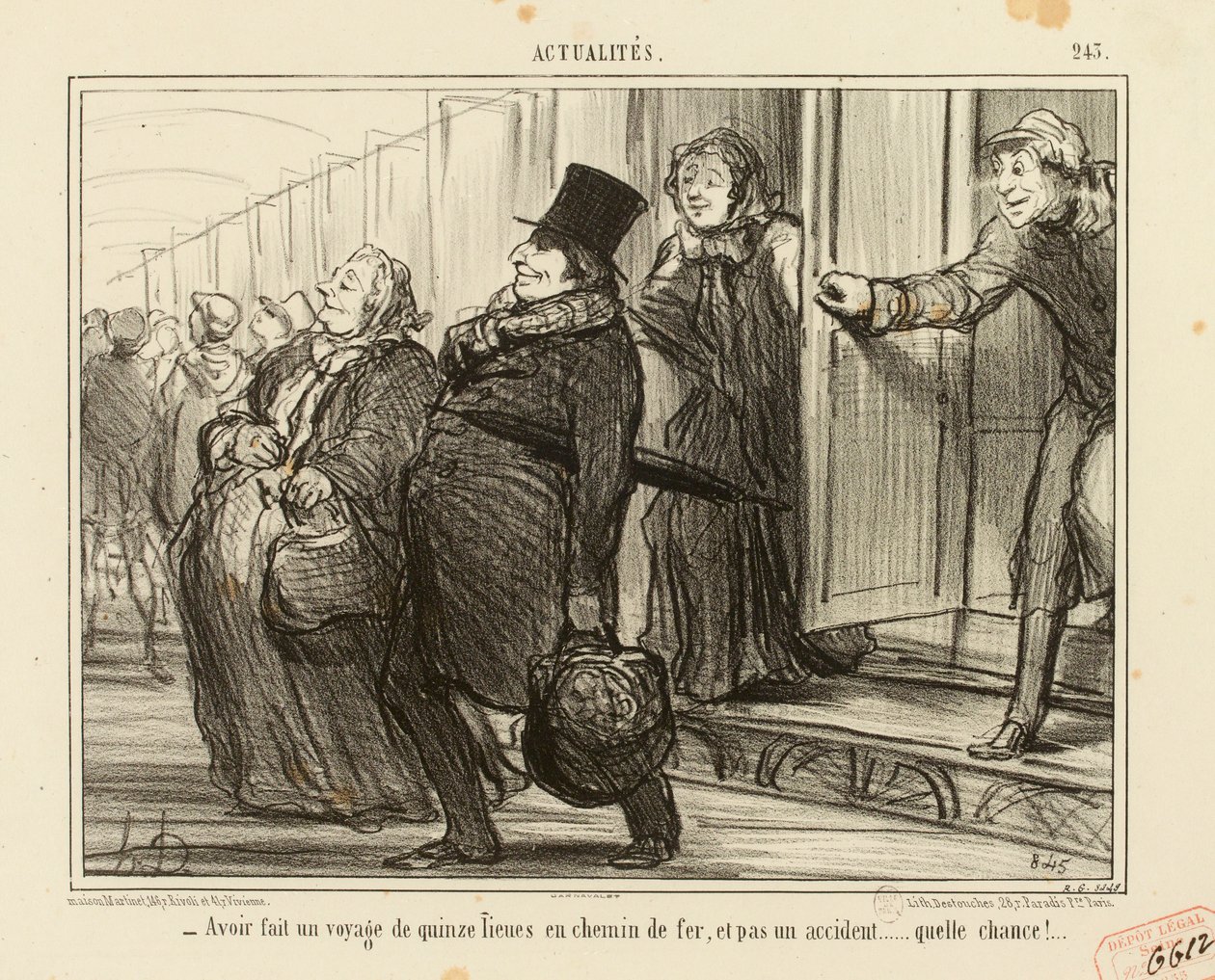 Aktualitások, 245. szám: - Tizenöt mérföldes utat tenni vasúton, és egyetlen baleset sem... alkotó: Honoré Daumier