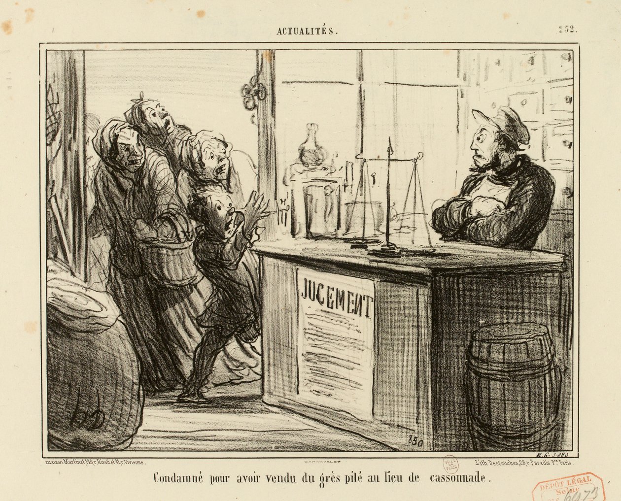 Aktualitások 252. sz.: Elítélve, mert nádcukor helyett őrölt homokkövet adott el. alkotó: Honoré Daumier