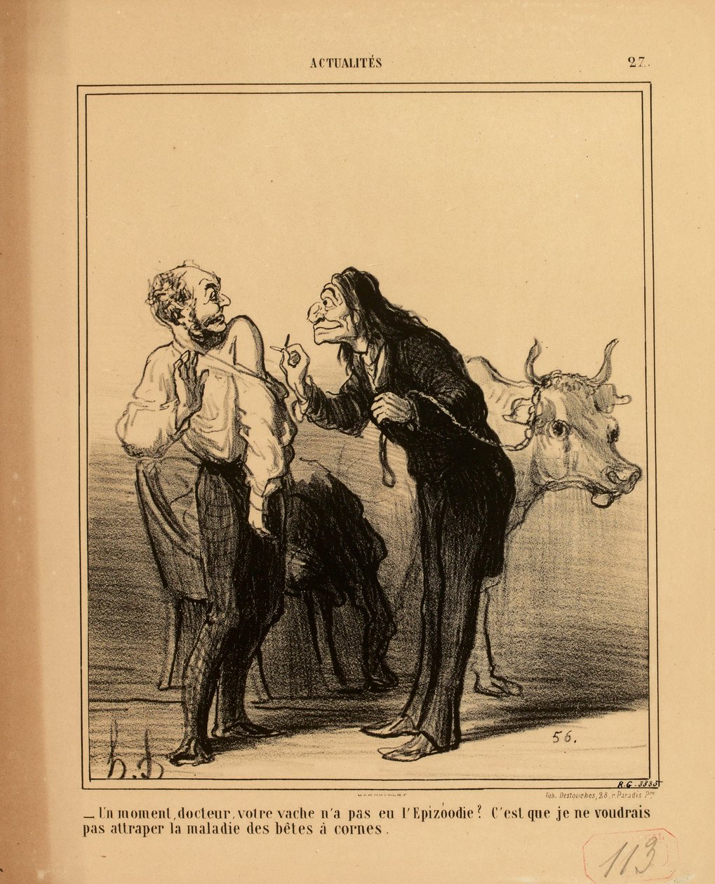 Aktualitások, 27. szám: - Egy pillanat, doktor úr, a tehene nem kapott járványos állatbetegséget? alkotó: Honoré Daumier