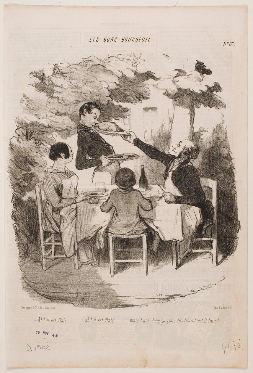 Ah, friss, friss! ... Szagolja meg maga, pincér, azt mondja, hogy ez friss? ... alkotó: Honoré Daumier