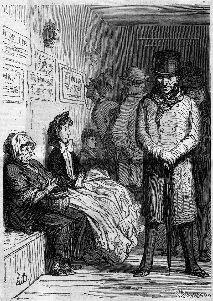 Omnibusz várópult. Honore Daumier (1808-1879) rajzfilmje. Metszet a „” Le Monde Illustré”” 257. számában, 1862. március 15. alkotó: Honoré Daumier