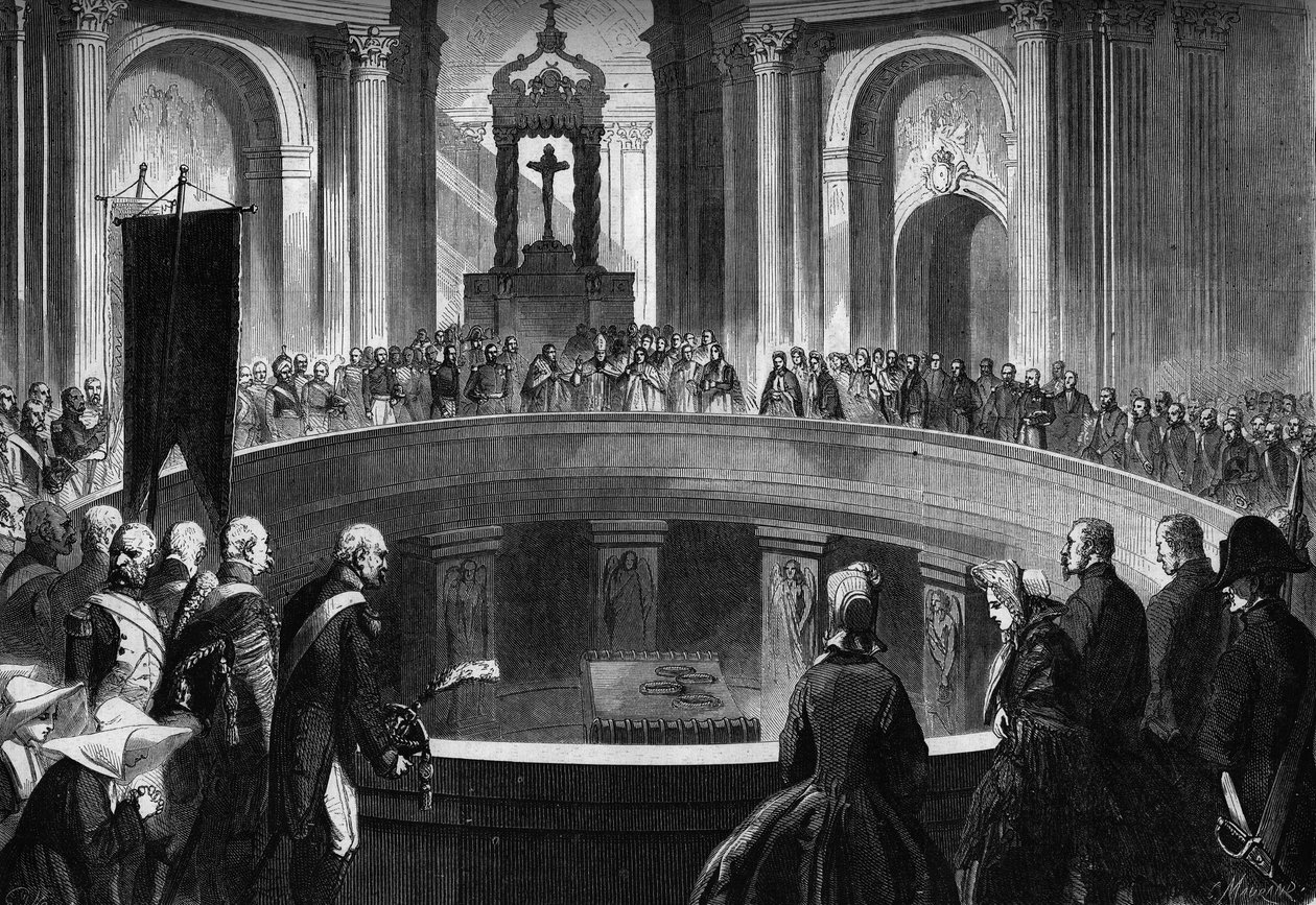 Napóleon halálának évfordulója 1., 1863. május 5.: megemlékező mise a párizsi Invalidusoknál, a napóleoni hadsereg egykori katonáinak jelenlétében. Metszet a "Le Monde Illustre"" 318. sz. számában, 1863. május 16-án. alkotó: Honoré Daumier