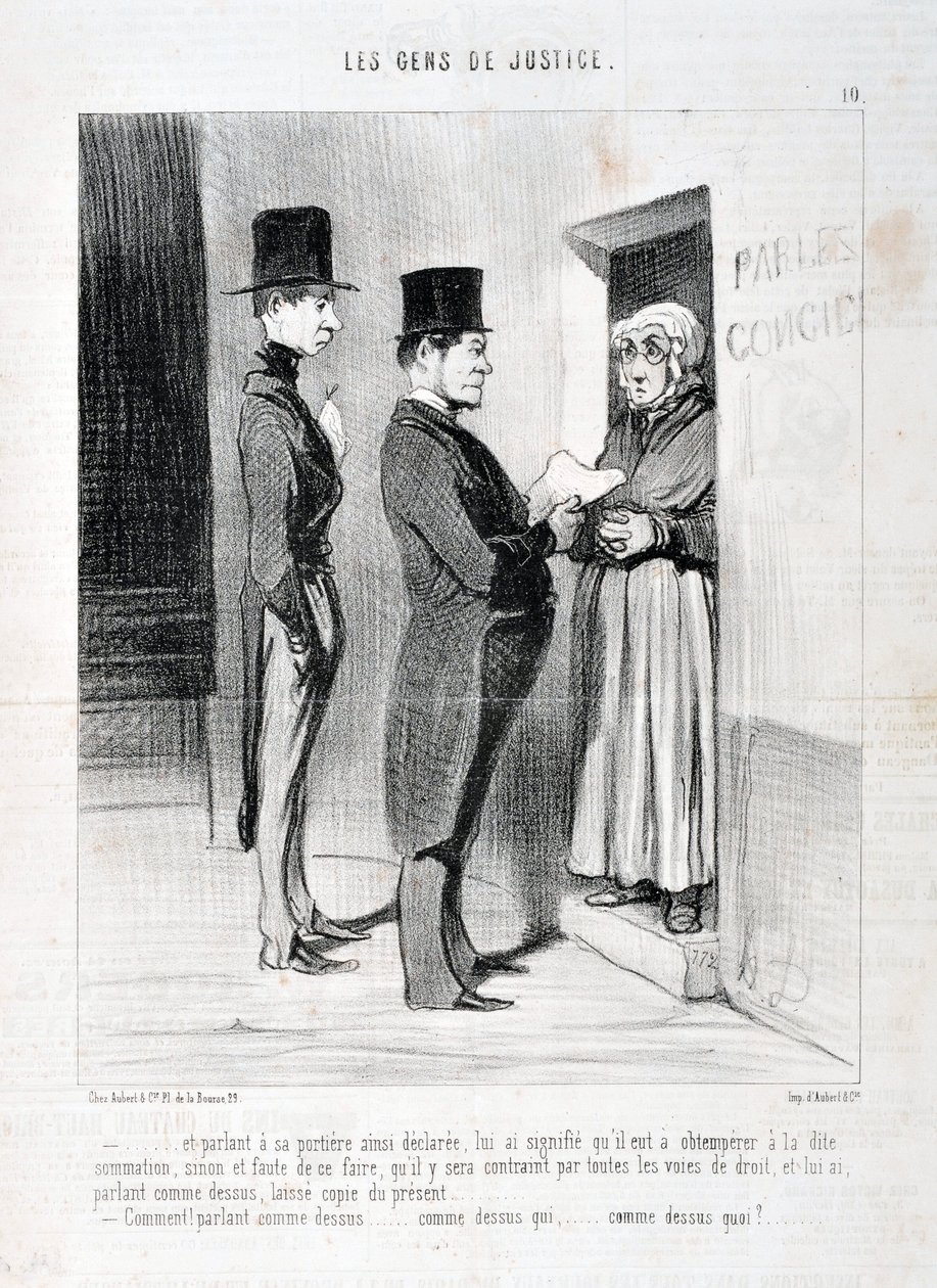 Honore Daumier (1808-1879) alkotásai. Charivari 1845-ből származik: Serie LES PEANS DE JUSTICE "" -... és az ajtóban így kijelentett beszéd azt jelentette számára, hogy engedelmeskednie kell az említett összegzésnek, ellenkező esetben és ennek elmulasztása alkotó: Honoré Daumier