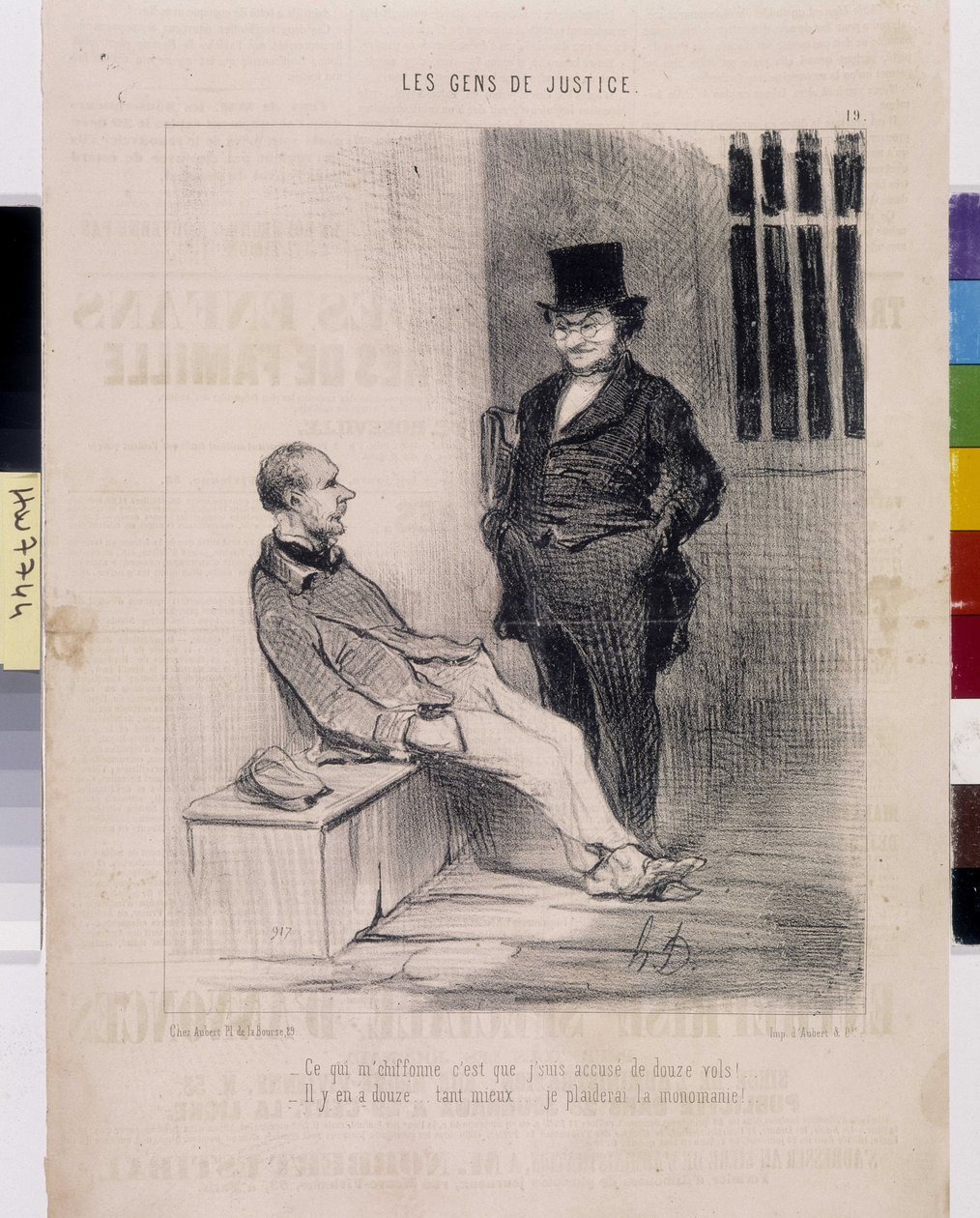 Honore Daumier (1808-1879) alkotása. A Charivari 1845-ből származik: Serie LES PEANS DE JUSTICE. "" Ami megbotránkoztat, az az, hogy 12 rablással vádolnak! - Tizenkettő van... sokkal jobb... A monománia””” kivonat a Le”” újságból, Charivari alkotó: Honoré Daumier