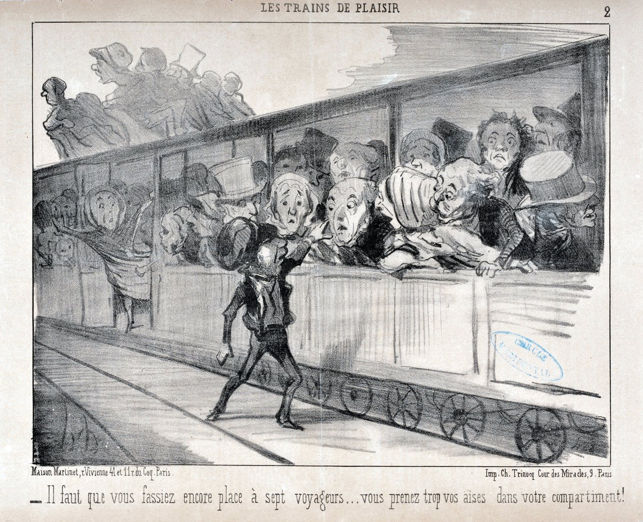 Honore Daumier (1808-1879) alkotásai. A Charivari 1852-ből származik: Serie LES TRAINS DE PLEASURE - Hét utasnak kell helyet biztosítania... túl kényelmesen érzi magát a fülkéjében! SZÉPMŰVÉSZETI MÚZEUM - LONGCHAMP PALOTÁJA, MARSEILLE alkotó: Honoré Daumier