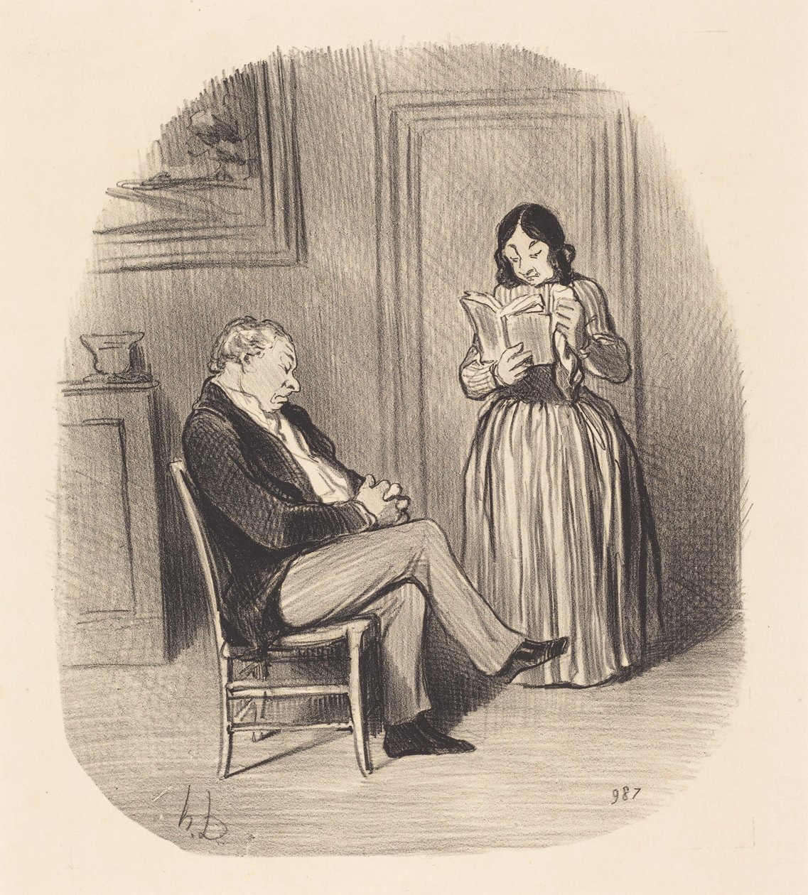 Burzsoát olvasnak, vacsora után néhány fejezet... alkotó: Honoré Daumier