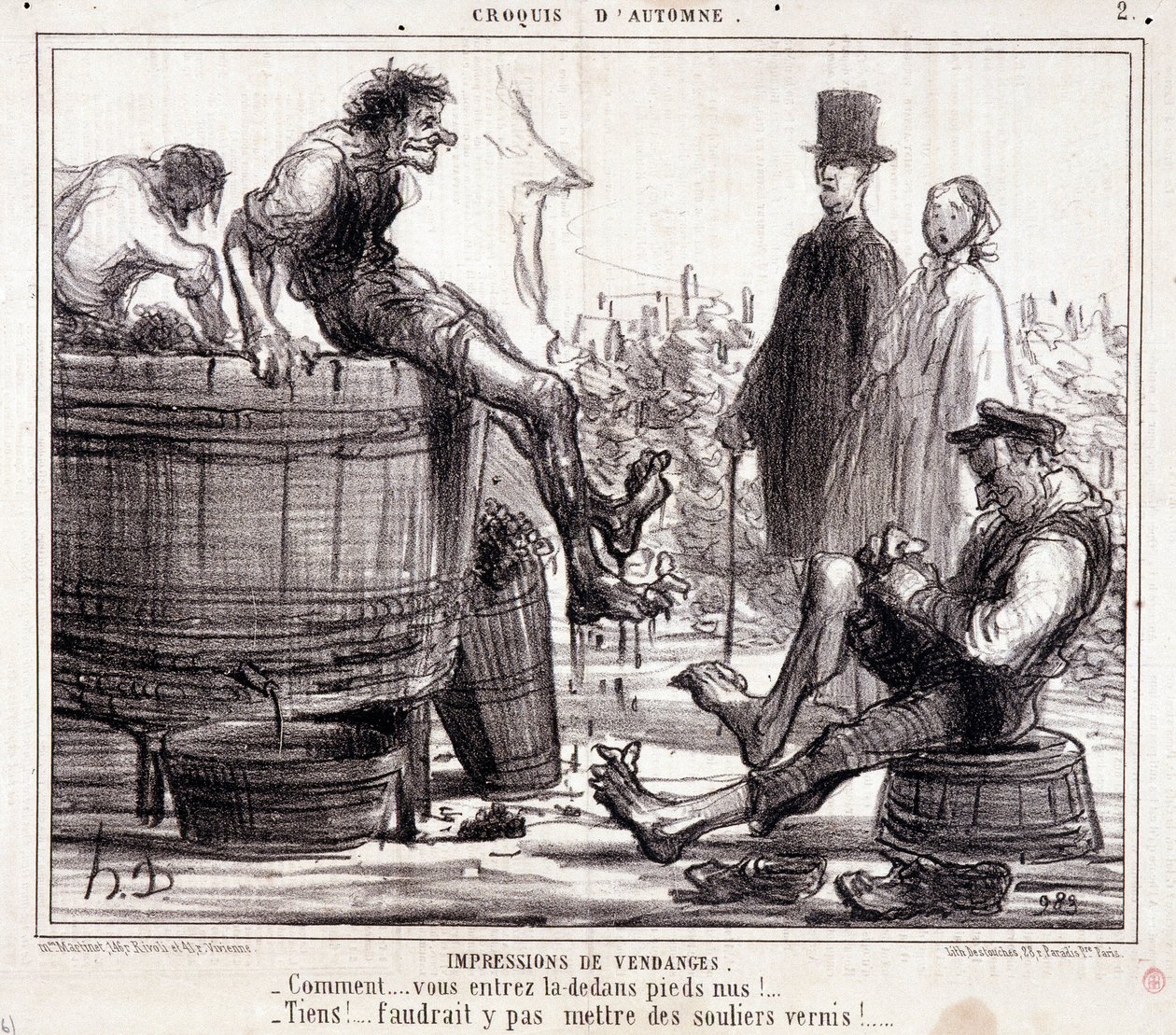 Rajzfilm a mezítláb szőlőt taposó kombájnokról, az "Őszi vázlat" sorozatból alkotó: Honoré Daumier