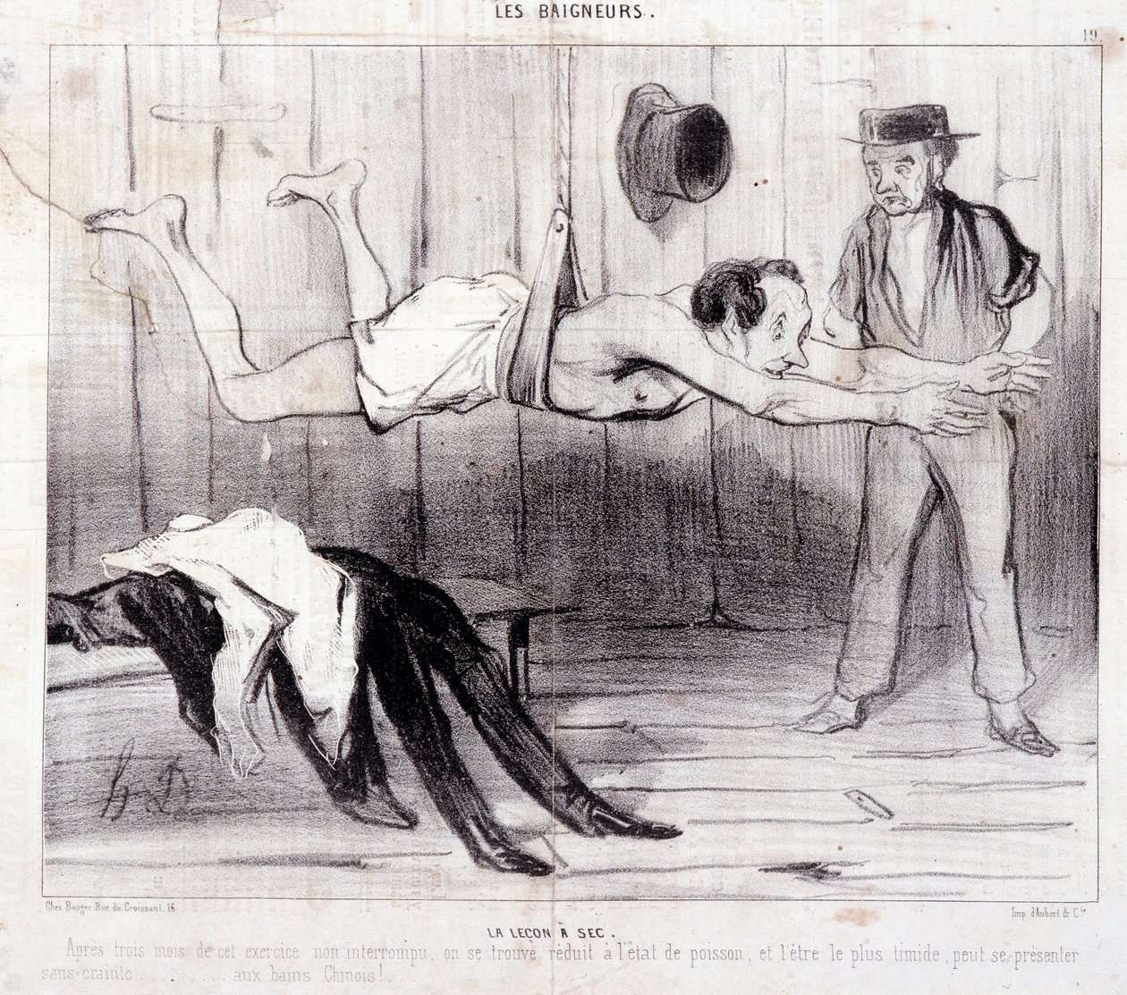 Karikatúra a nyaraló turistákról. "Les Baigneurs" sorozat: "La lecon a dry". "Les Baigneurs" sorozat: "La lecon a dry". Honore DAUMIER (1808-1879) metszete. Kivonat a "Le Charivari" című újságból. Méret: 25x36 cm 12. doboz Marseille, Musee alkotó: Honoré Daumier